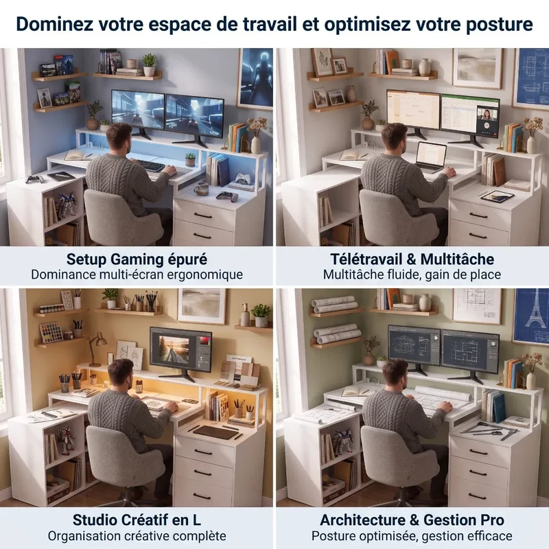 Bureau d'angle Sector Blanc Bois & Acier avec Rangements Gain de Place