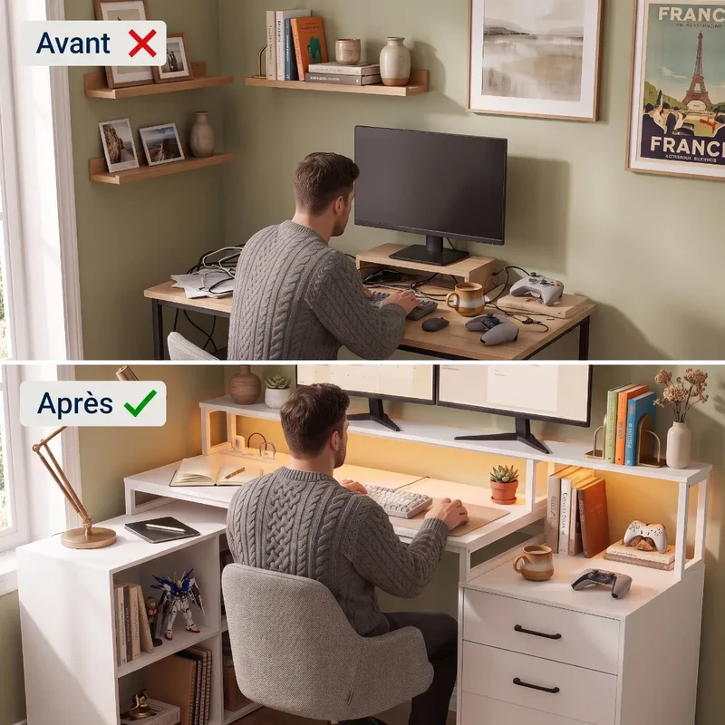 Bureau d'angle Sector Blanc Bois & Acier avec Rangements Gain de Place