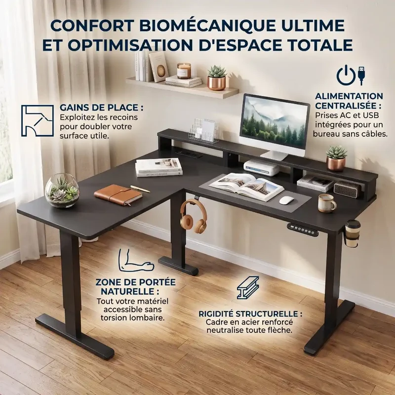 Bureau d'angle Gaming Assis-Debout Kova Pro - Avec rangements - Gain de place & Posture ergonomique