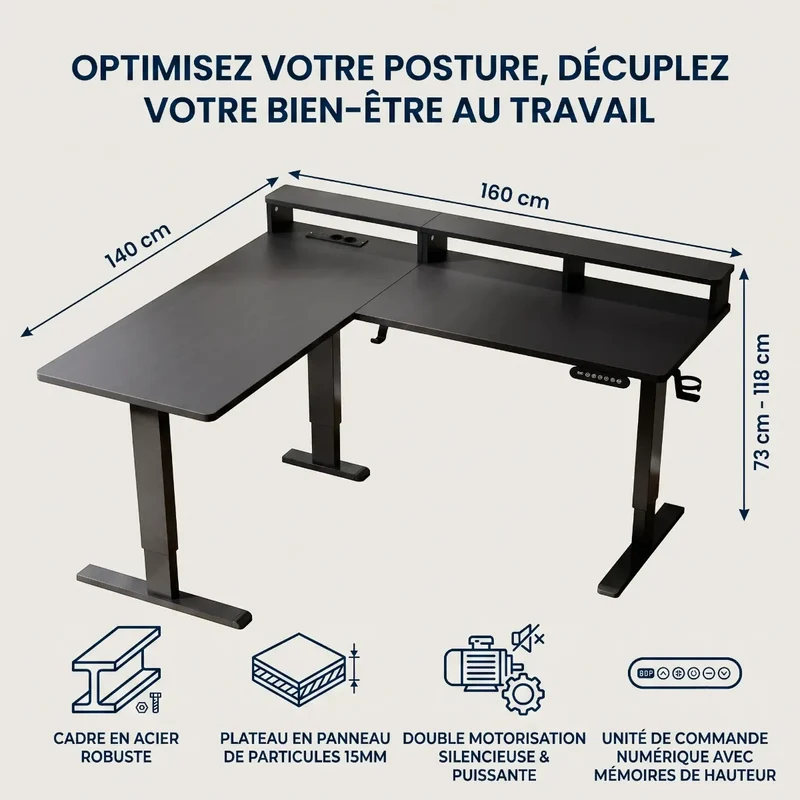 Bureau d'angle Gaming Assis-Debout Kova Pro - Avec rangements - Gain de place & Posture ergonomique