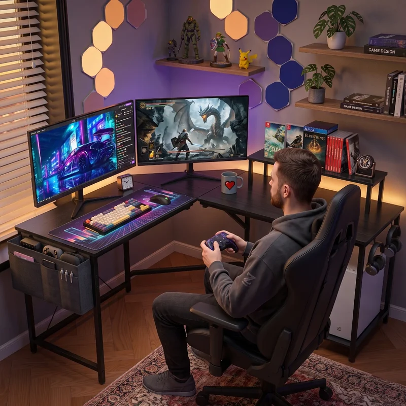 Bureau d'angle Gaming Centrix Avec Rangements - Gain de Place & Posture Ergonomique