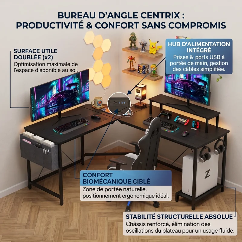 Bureau d'angle Gaming Centrix Avec Rangements - Gain de Place & Posture Ergonomique