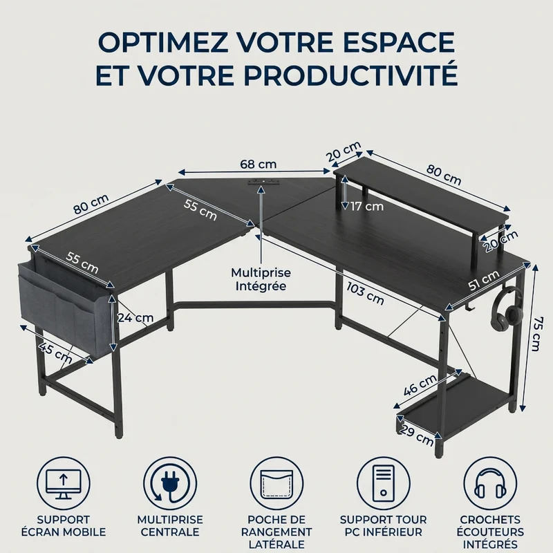 Bureau d'angle Gaming Centrix Avec Rangements - Gain de Place & Posture Ergonomique