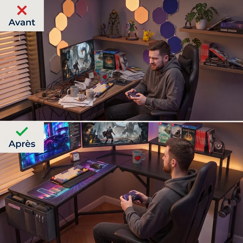 Bureau d'angle Gaming Centrix Avec Rangements - Gain de Place & Posture Ergonomique