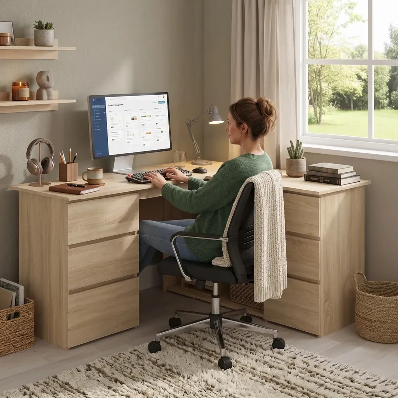 Bureau d’angle Nook - Bois Sonoma avec rangements - Gain de place & Posture ergonomique