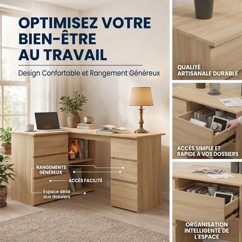 Bureau d’angle Nook - Bois Sonoma avec rangements - Gain de place & Posture ergonomique