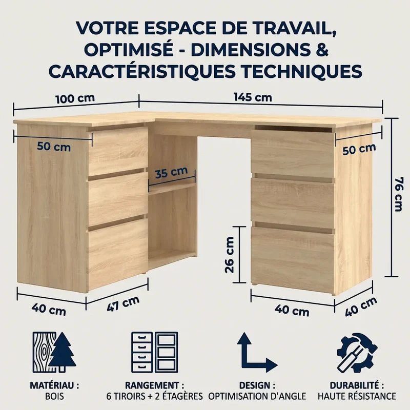 Bureau d’angle Nook - Bois Sonoma avec rangements - Gain de place & Posture ergonomique