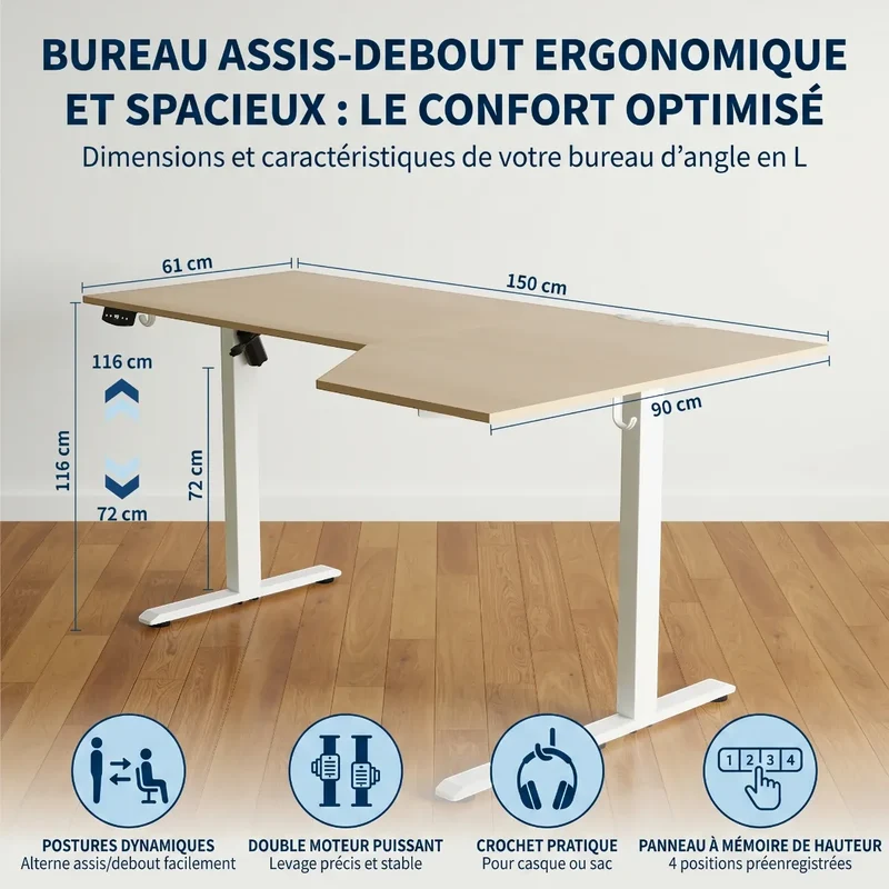 Bureau d'angle Assis-Debout Kinetik-L - Gain de place & Posture ergonomique