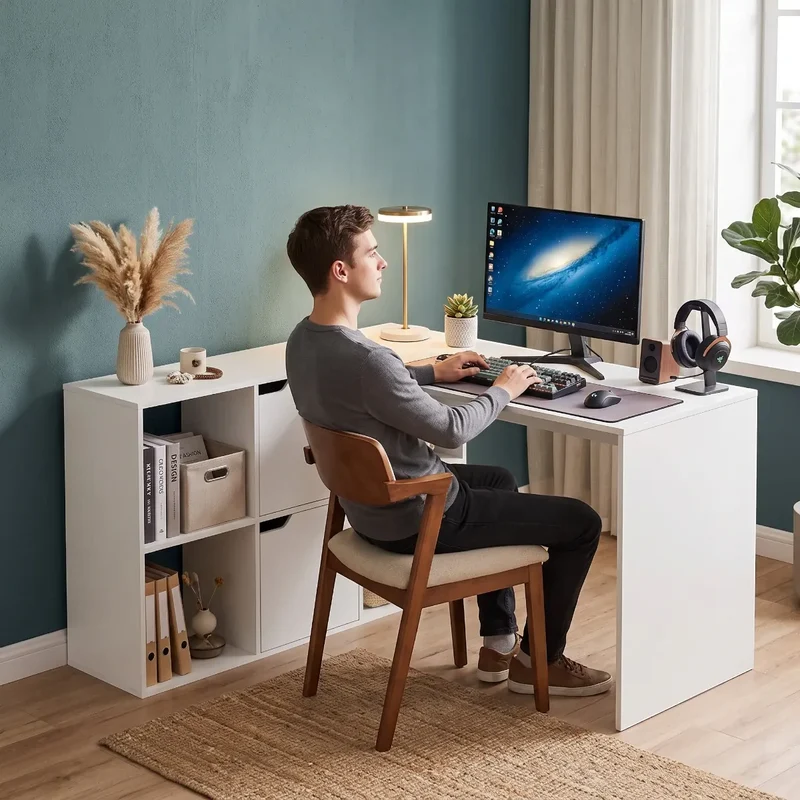 Bureau d'angle Optima Blanc - Format compact avec rangements