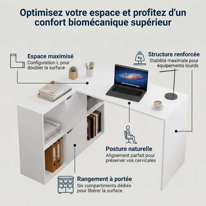Bureau d'angle Optima Blanc - Format compact avec rangements