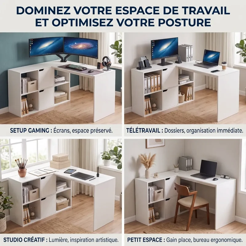 Bureau d'angle Optima Blanc - Format compact avec rangements