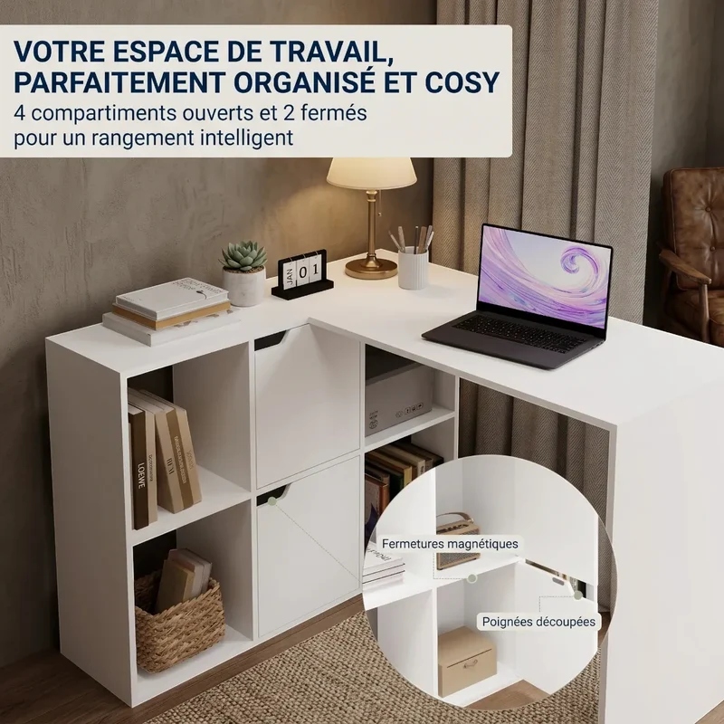 Bureau d'angle Optima Blanc - Format compact avec rangements