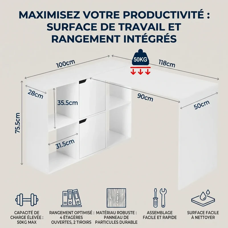 Bureau d'angle Optima Blanc - Format compact avec rangements
