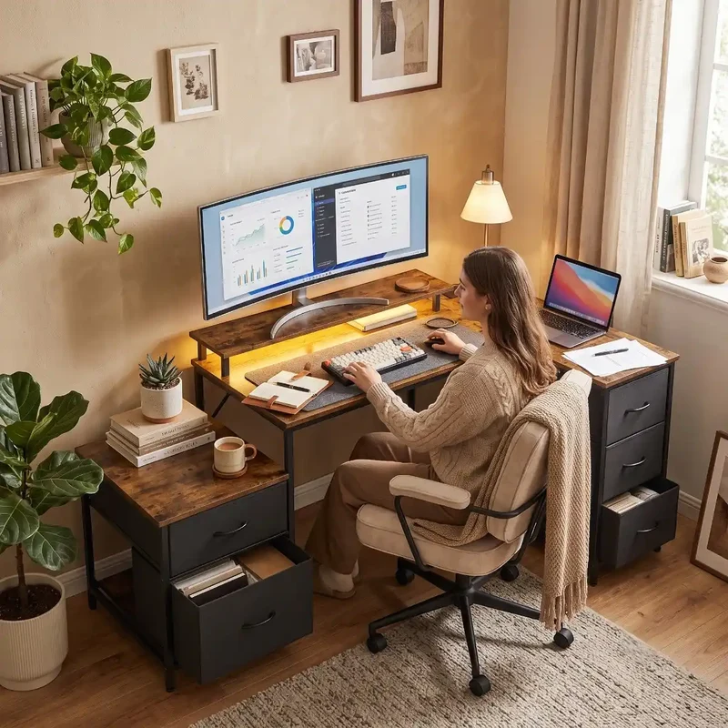 Bureau d'angle industriel Volta - Équipé LED & Hub USB - Avec Réhausseur, Rangements & Support PC