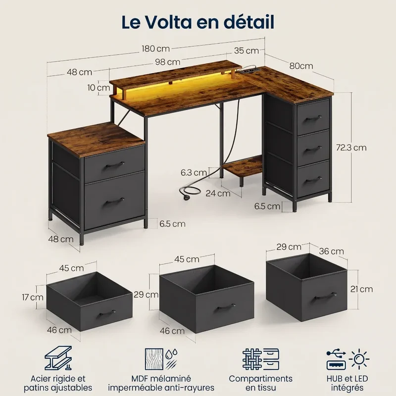 Bureau d'angle industriel Volta - Équipé LED & Hub USB - Avec Réhausseur, Rangements & Support PC