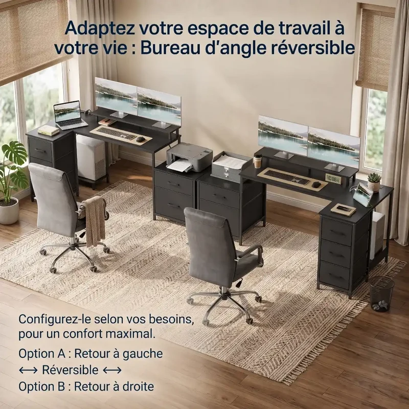 Bureau d'angle industriel Volta - Équipé LED & Hub USB - Avec Réhausseur, Rangements & Support PC