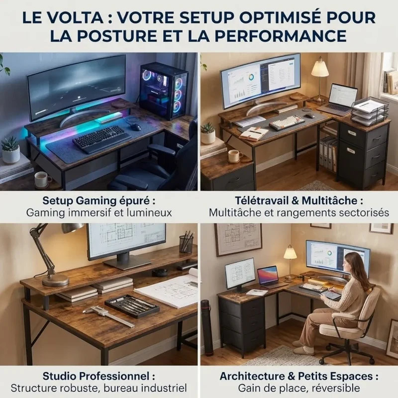 Bureau d'angle industriel Volta - Équipé LED & Hub USB - Avec Réhausseur, Rangements & Support PC