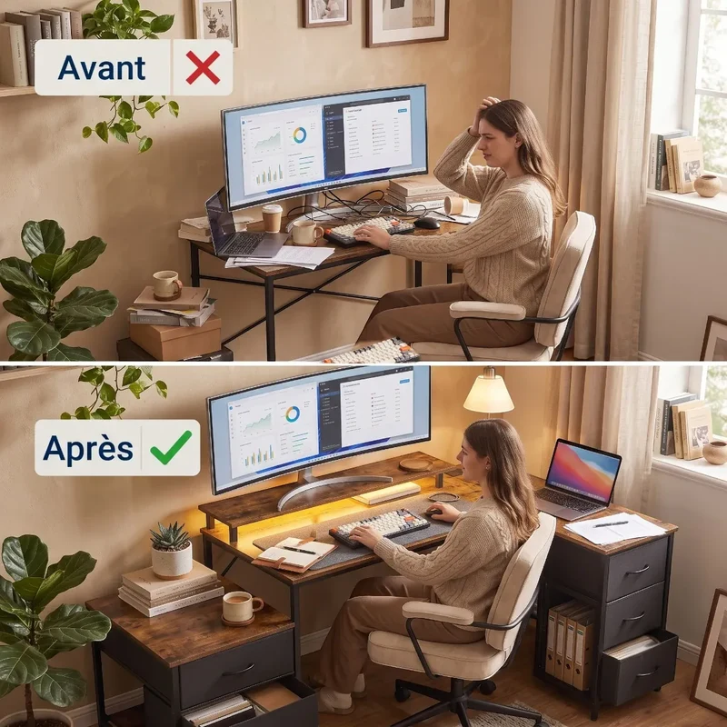 Bureau d'angle industriel Volta - Équipé LED & Hub USB - Avec Réhausseur, Rangements & Support PC