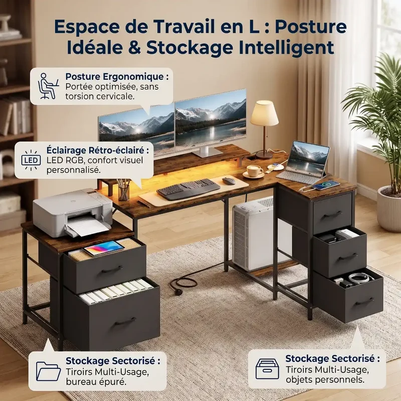 Bureau d'angle industriel Volta - Équipé LED & Hub USB - Avec Réhausseur, Rangements & Support PC