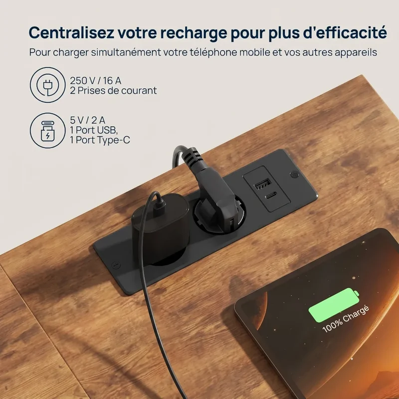 Bureau d'angle industriel Volta - Équipé LED & Hub USB - Avec Réhausseur, Rangements & Support PC