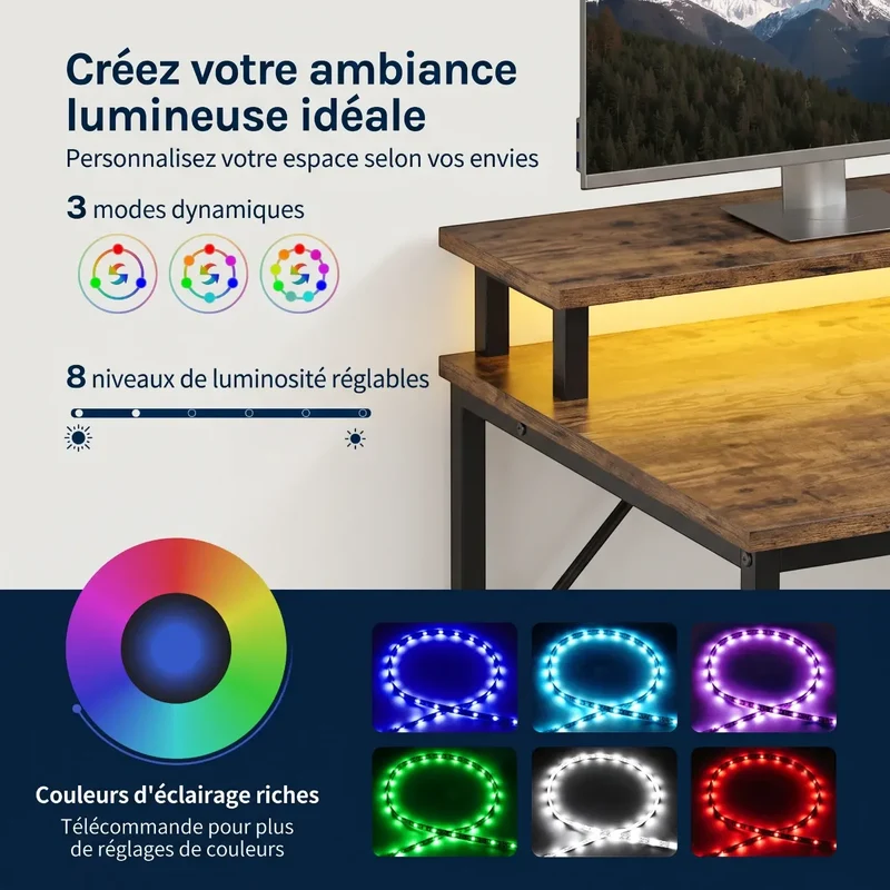 Bureau d'angle industriel Volta - Équipé LED & Hub USB - Avec Réhausseur, Rangements & Support PC