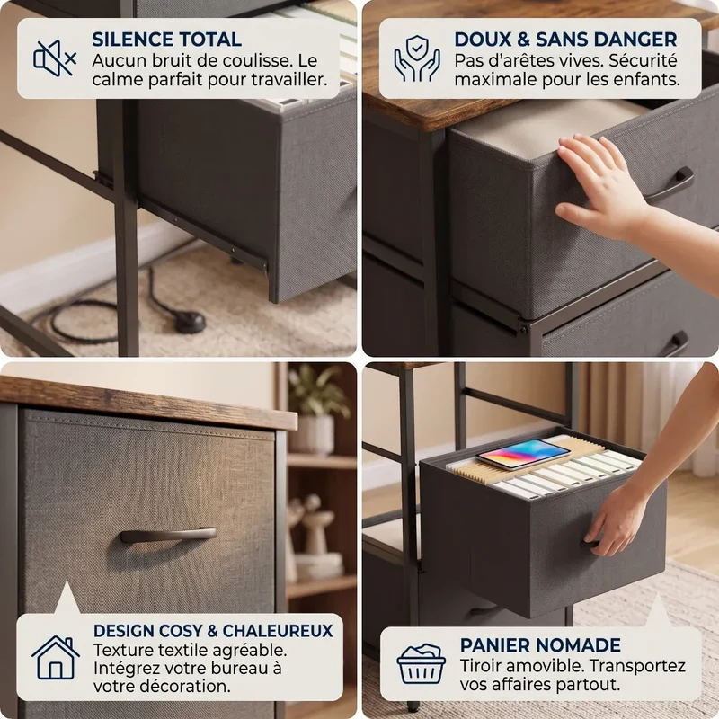 Bureau d'angle industriel Volta - Équipé LED & Hub USB - Avec Réhausseur, Rangements & Support PC