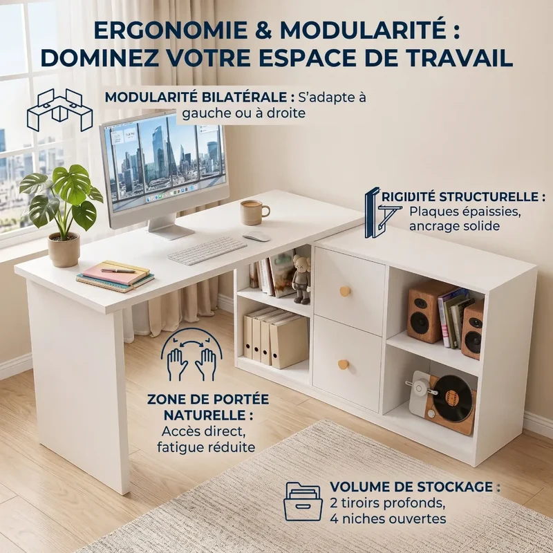 Bureau d'angle Vertigo - Modulable, avec Rangements & Gain de Place