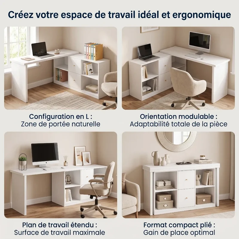Bureau d'angle Vertigo - Modulable, avec Rangements & Gain de Place