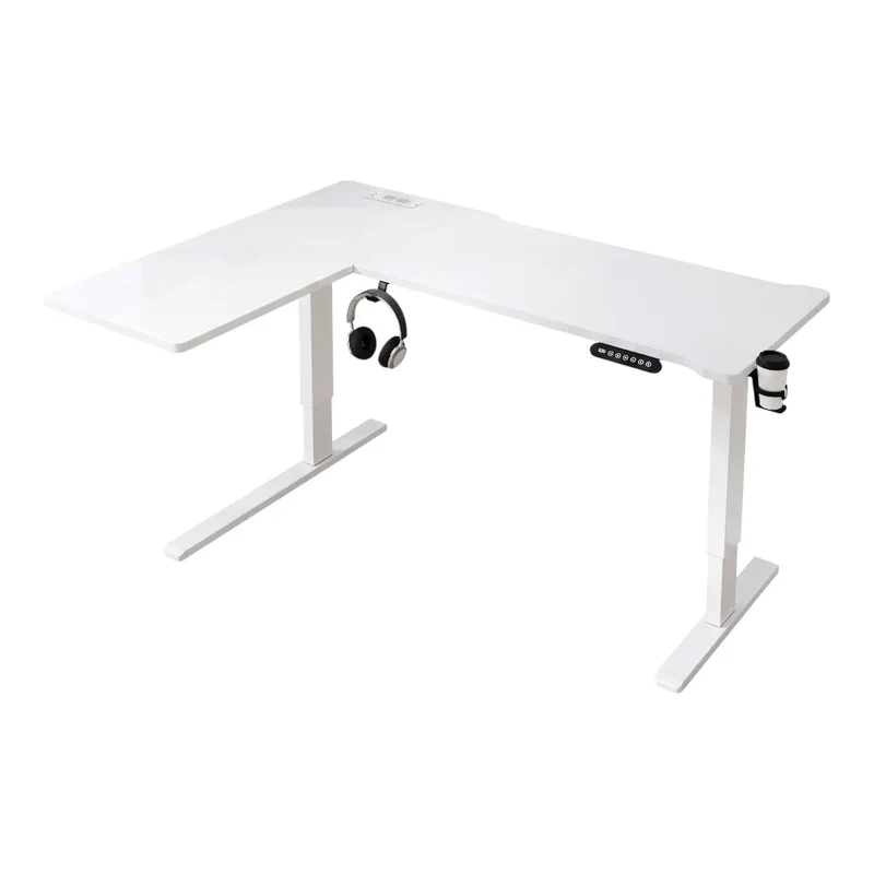 Bureau d'angle assis-debout blanc Vertex Pro - Châssis Acier - Hub USB & supports casque et gobelet intégrés