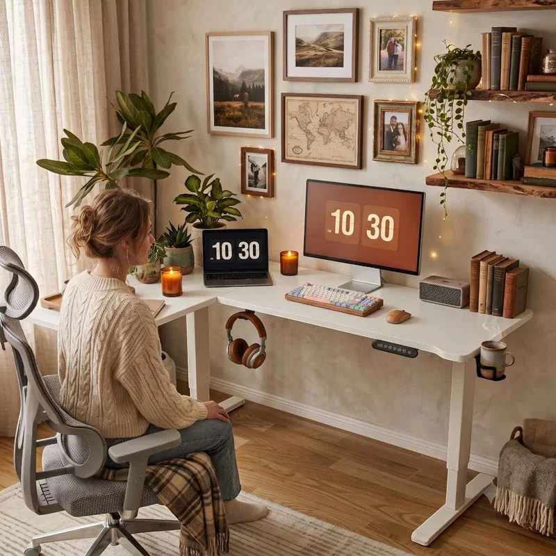 Bureau d'angle assis-debout blanc Vertex Pro - Châssis Acier - Hub USB & supports casque et gobelet intégrés