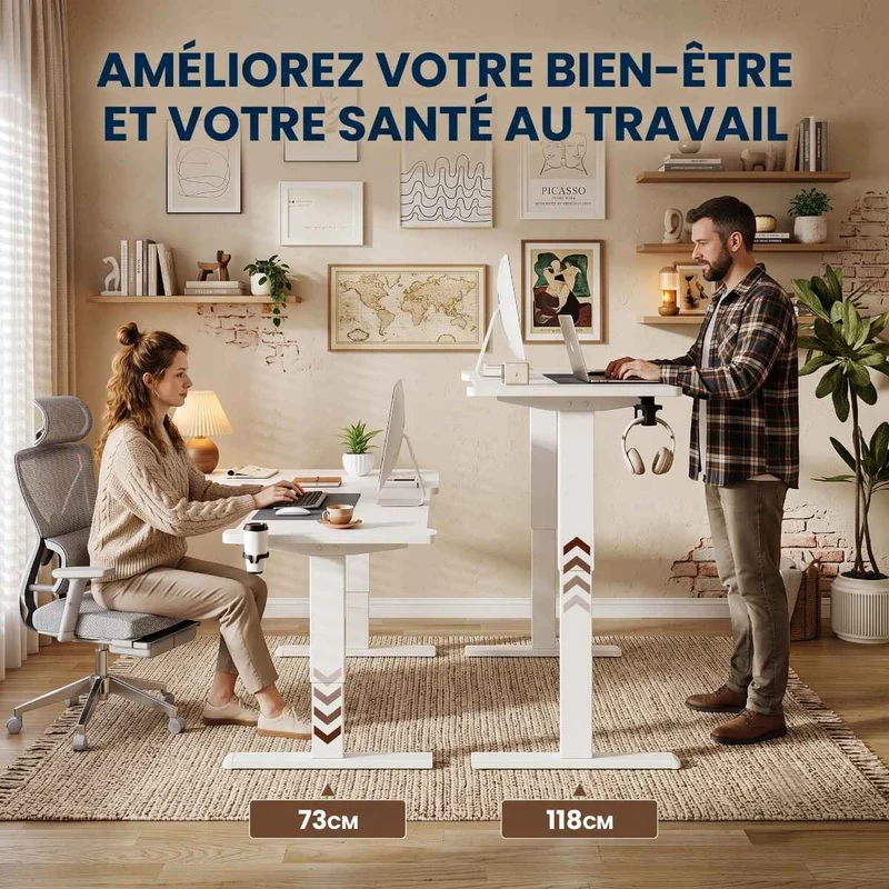 Bureau d'angle assis-debout blanc Vertex Pro - Châssis Acier - Hub USB & supports casque et gobelet intégrés