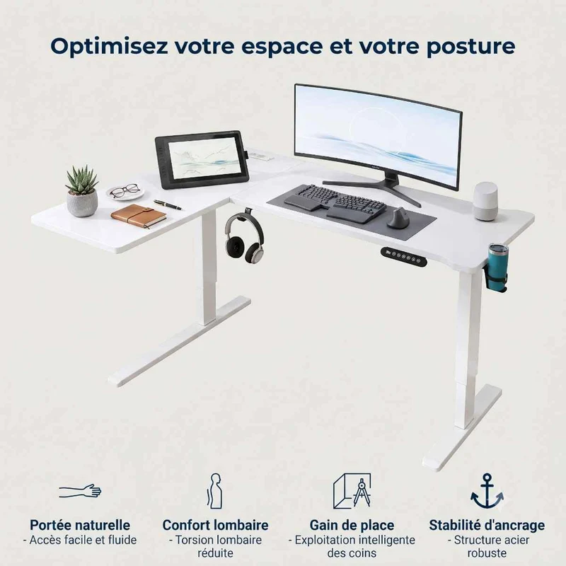 Bureau d'angle assis-debout blanc Vertex Pro - Châssis Acier - Hub USB & supports casque et gobelet intégrés