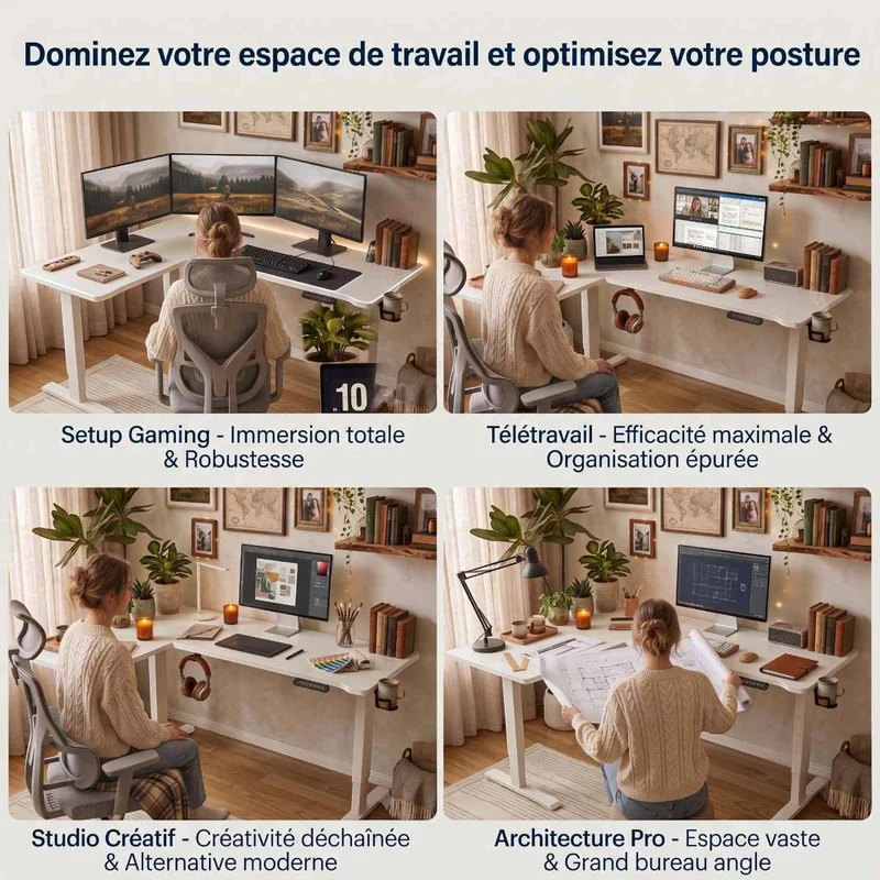 Bureau d'angle assis-debout blanc Vertex Pro - Châssis Acier - Hub USB & supports casque et gobelet intégrés