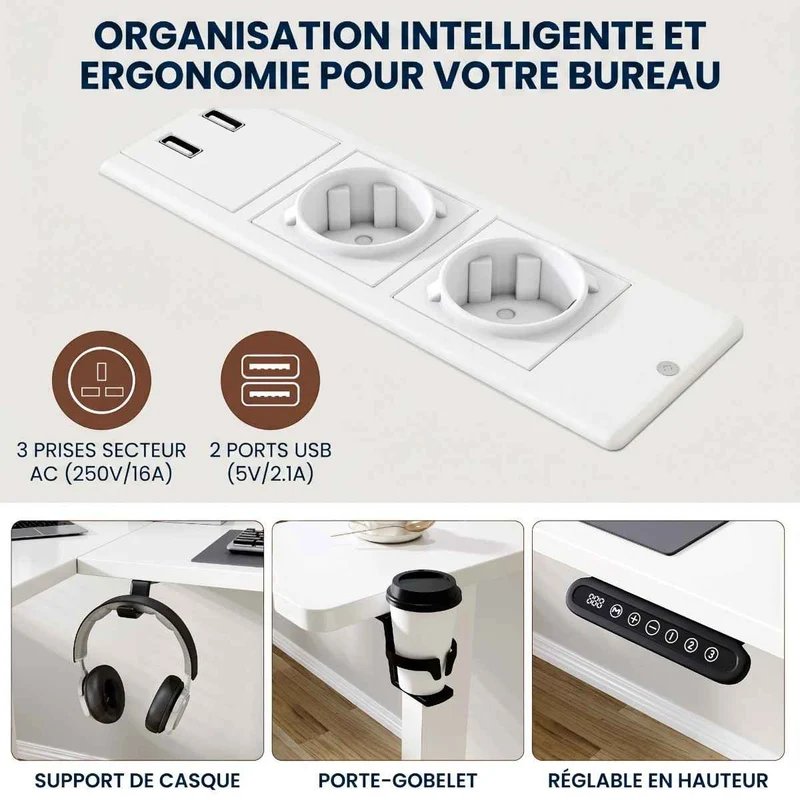 Bureau d'angle assis-debout blanc Vertex Pro - Châssis Acier - Hub USB & supports casque et gobelet intégrés