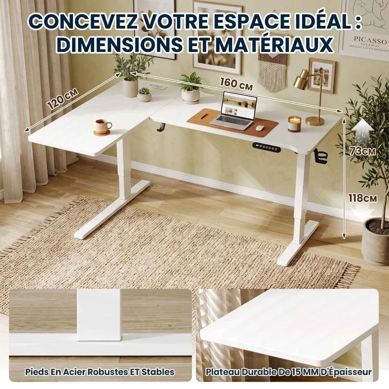Bureau d'angle assis-debout blanc Vertex Pro - Châssis Acier - Hub USB & supports casque et gobelet intégrés
