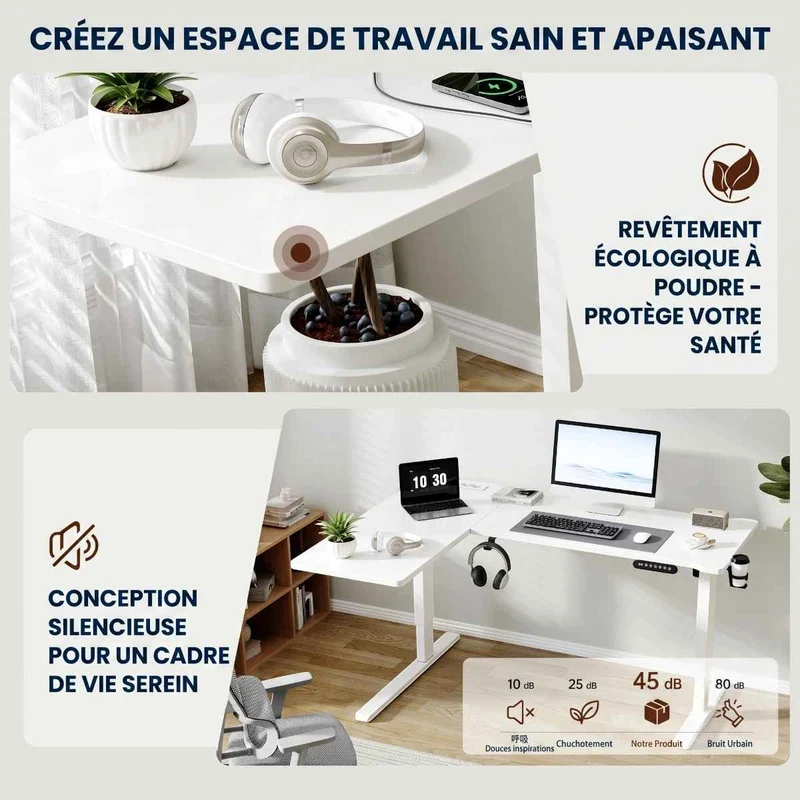 Bureau d'angle assis-debout blanc Vertex Pro - Châssis Acier - Hub USB & supports casque et gobelet intégrés