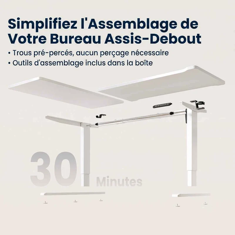 Bureau d'angle assis-debout blanc Vertex Pro - Châssis Acier - Hub USB & supports casque et gobelet intégrés