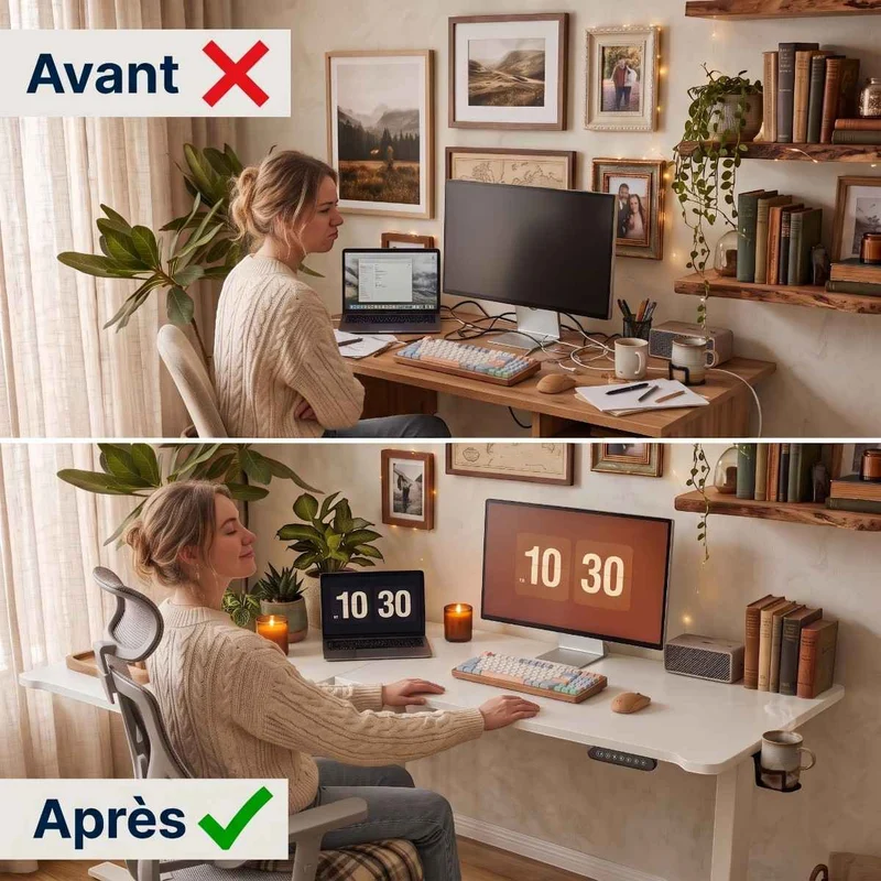 Bureau d'angle assis-debout blanc Vertex Pro - Châssis Acier - Hub USB & supports casque et gobelet intégrés