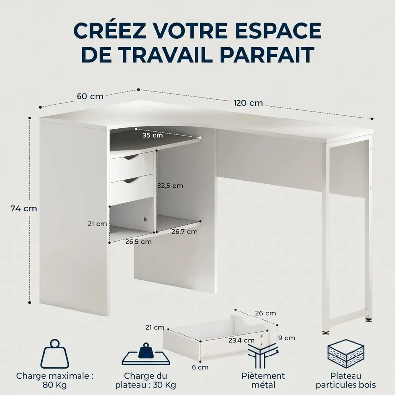 Bureau d'angle Blanc Kallisto - Rangements & Gain de place