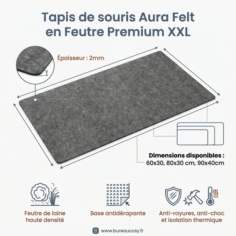 Tapis de souris Aura Felt en Feutre Premium XXL : Précision Chirurgicale & Confort Thermique
