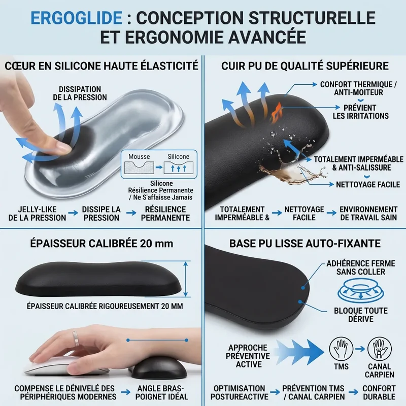 Repose poignet souris ErgoGlide | Alignement Neutre & Silicone Haute Résilience