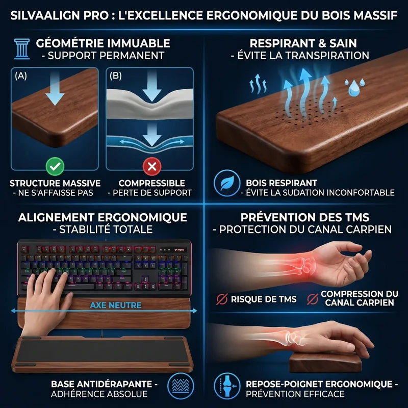 Repose poignet clavier SilvaAlign Pro | Alignement Neutre & Noyer Massif