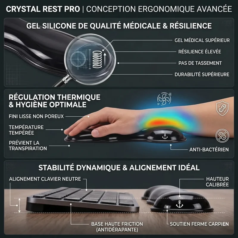 Repose poignet clavier / souris Crystal Rest Pro | Alignement Ergonomique & Gel de Silicone