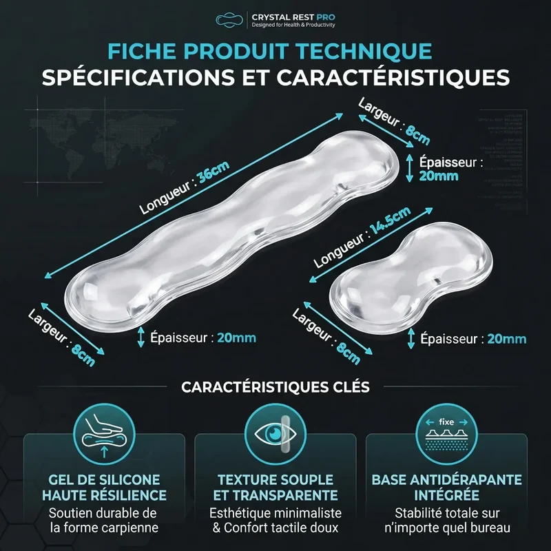 Repose poignet clavier / souris Crystal Rest Pro | Alignement Ergonomique & Gel de Silicone
