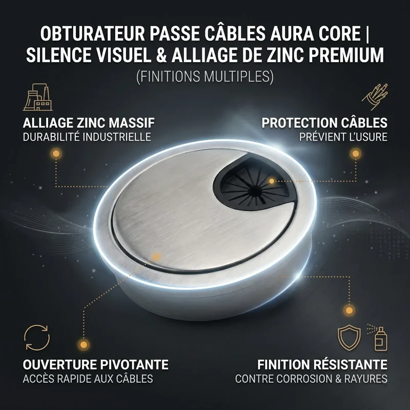 Obturateur passe câbles Aura Core | Silence Visuel & Alliage de Zinc Premium