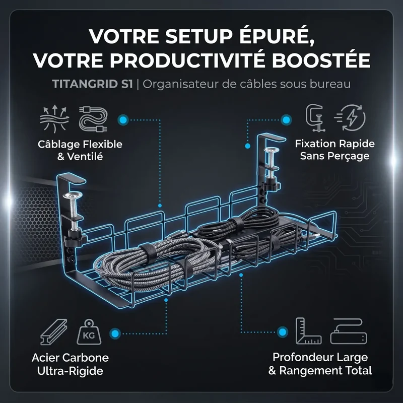 Organisateur de câbles TitanGrid S1 | Silence Visuel & Acier Renforcé Noir Mat - Sans perçage