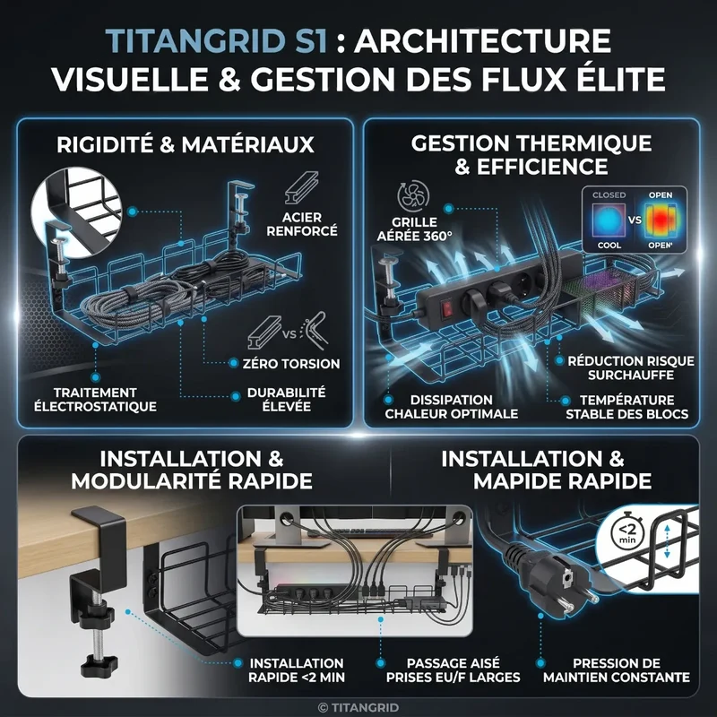 Organisateur de câbles TitanGrid S1 | Silence Visuel & Acier Renforcé Noir Mat - Sans perçage