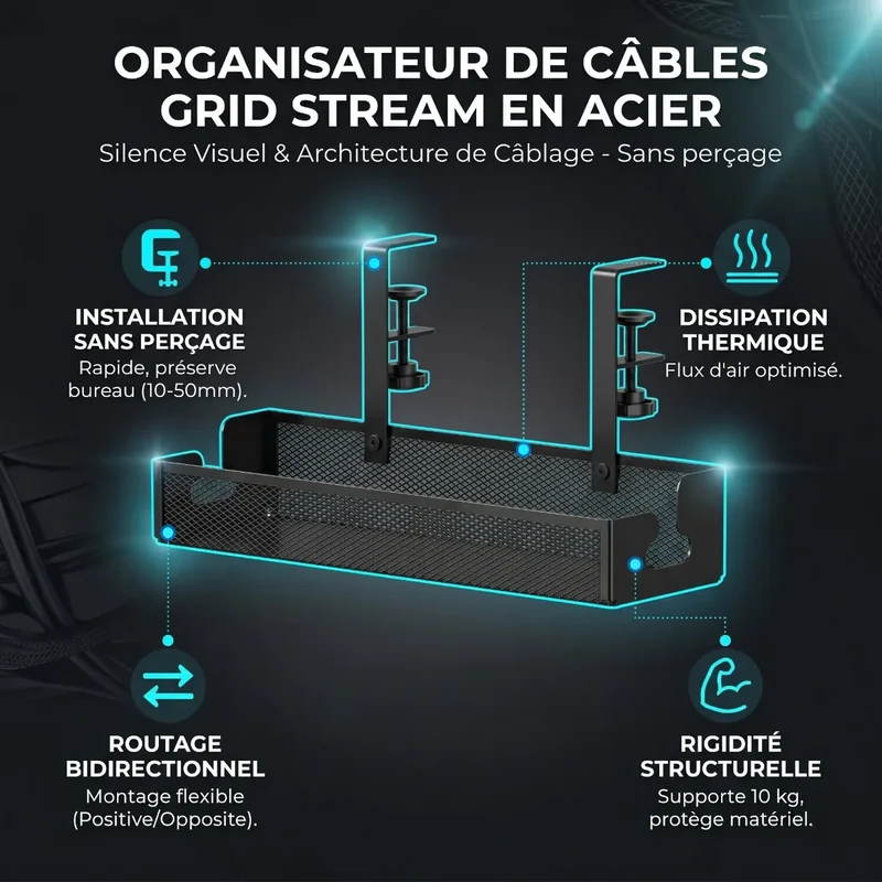 Organisateur de câbles Grid Stream en Acier | Silence Visuel & Architecture de Câblage - Sans perçage