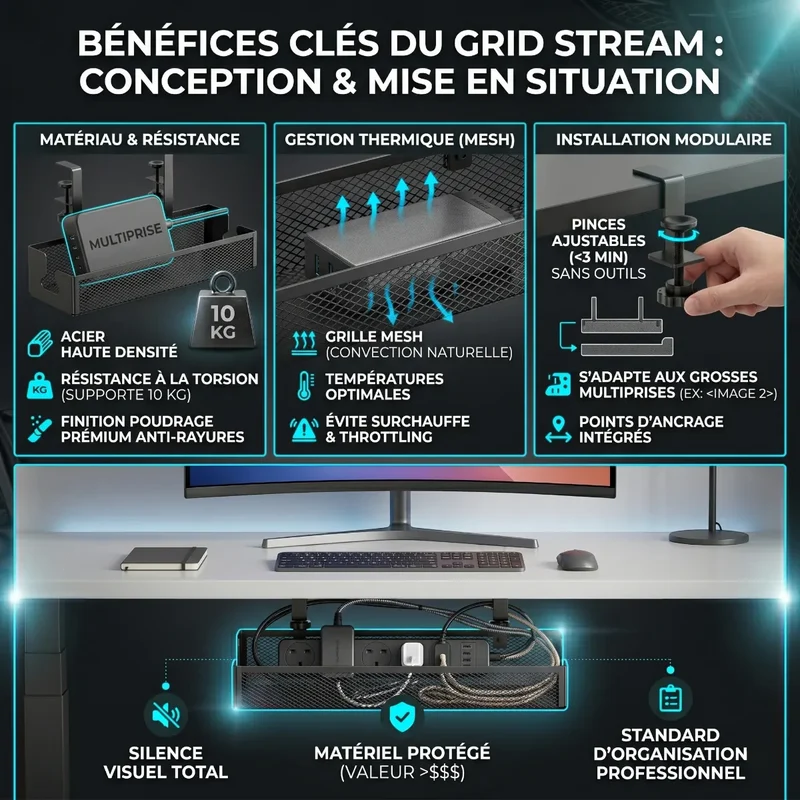 Organisateur de câbles Grid Stream en Acier | Silence Visuel & Architecture de Câblage - Sans perçage