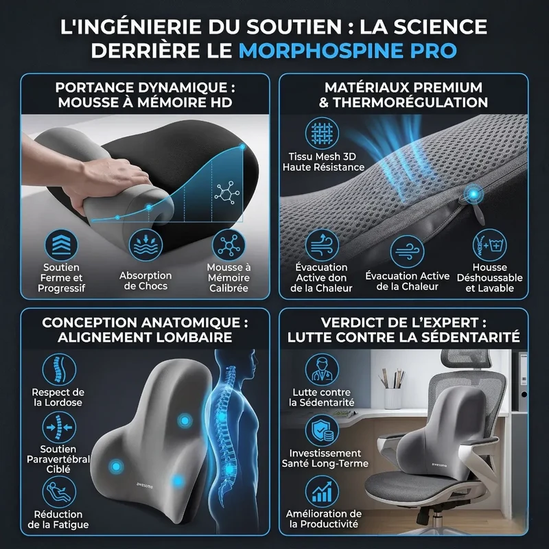 Coussin Lombaire Ergonomique MorphoSpine Pro : Mousse à Mémoire de Forme HD - Soulagement & Posture